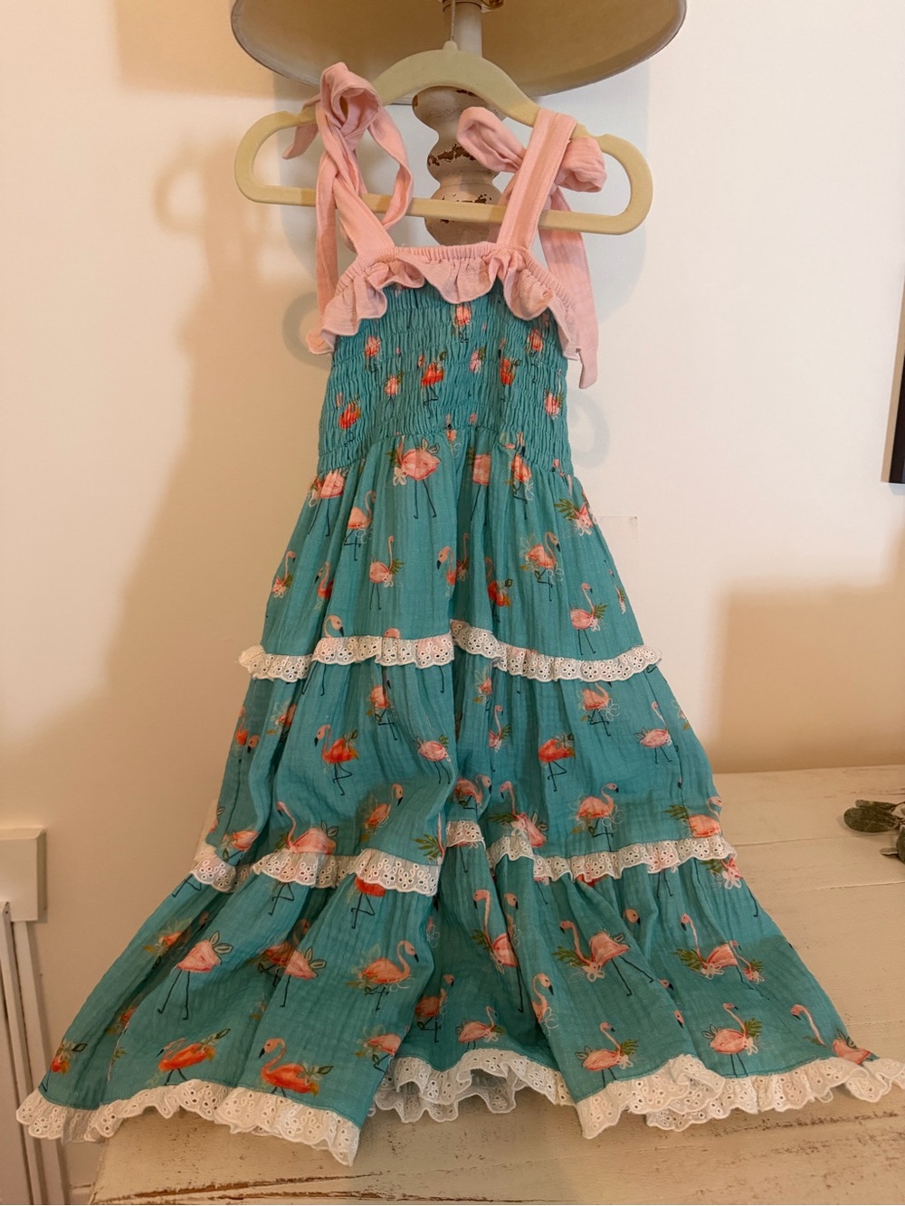 Girls Teal Flamingo Print Sundress with Pink Ruffle Straps